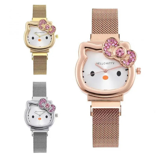 Gold or Silver Metal Ladies Kawaii Pink Hello Kitty Rhinestone Watch
