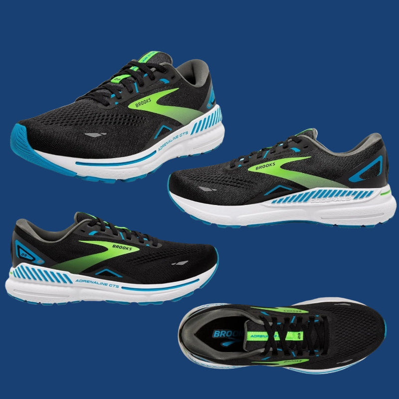 Black and green running shoes with blue accents on a white background, featuring the Brooks Adrenaline GTS 23 branding.