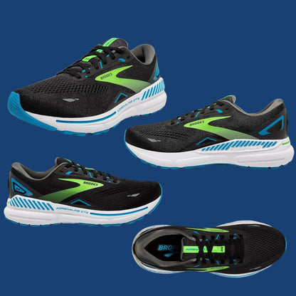 Black and green running shoes with blue accents on a white background, featuring the Brooks Adrenaline GTS 23 branding.