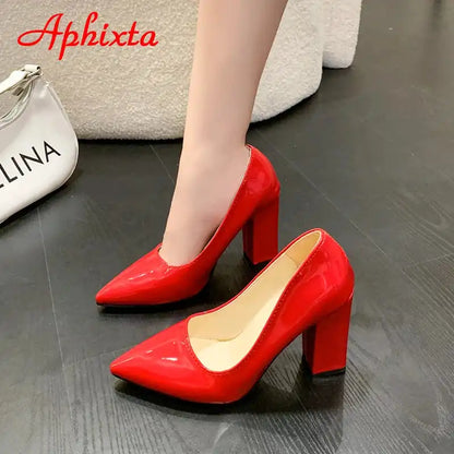 Women's Patent Leather 10cm Square Heel Shoes by Aphixta - Extended Sizes 31-50