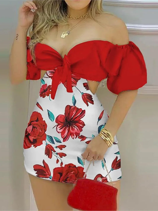 Flower Print, Shorts Romper, Off Shoulder Sleeves, Hollowed Back And Sides - Just The Fly Way