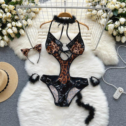 Leopard Print Hollow Out Halter Catsuit Lingerie - Just The Fly Way