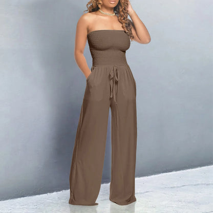 Elegant Soft Lace Jumpsuits Glitter Romper Women Solid Ruffle Lace Sleeveless Lace Up Jumpsuit Medium Length Straight Trousers - Just The Fly Way