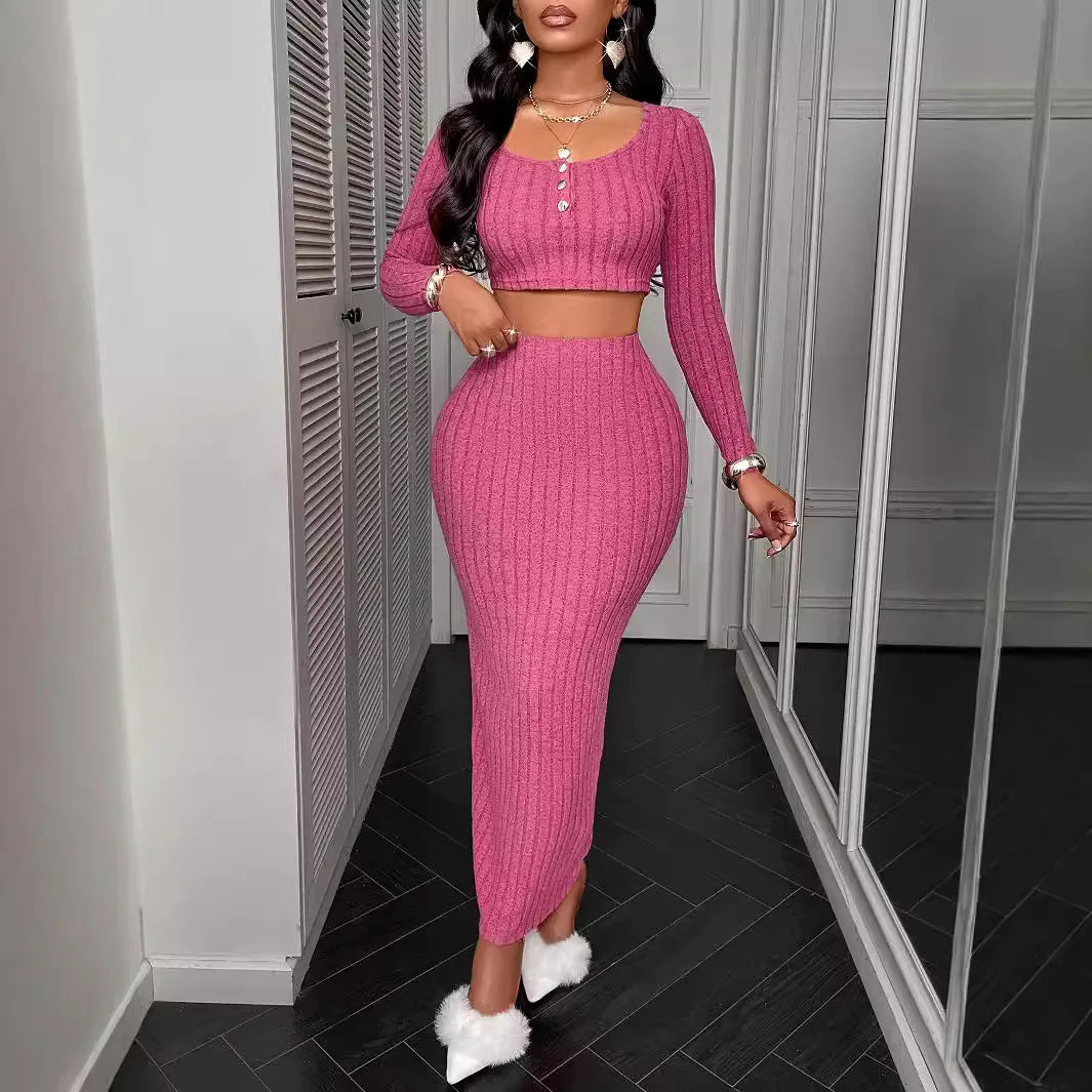 Two Piece Sets Women Skirt Set Full Sleeve Dress Sets Sexy U Neck Bodycon Short Tops Long Skirts Elegant Splice High Waist
