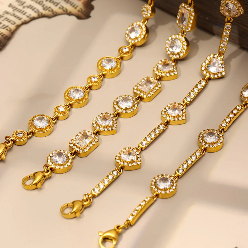 Shimmering Gold Plated Tennis Bracelet for Women - Vintage Charm Bangle with Zircon, Heart & Square Designs - Just The Fly Way