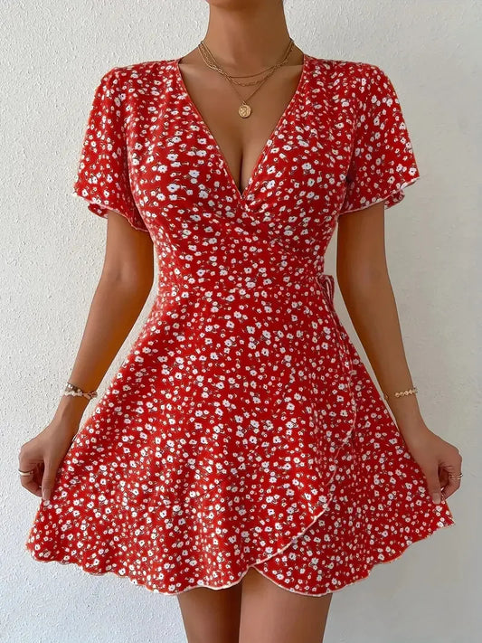 Women Sexy Printed A Line Dress Summer Bohemian V-Neck Short Sleeved Mini Dresses - Just The Fly Way