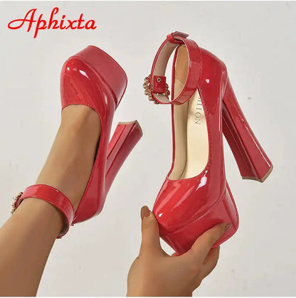 Aphixta Pearl Buckle Round Toe Pumps 5.5cm Platform Chunky Heels Shoes Black/Red Women's Fashion High Heel