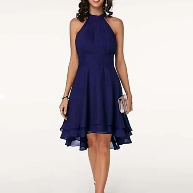 Elegant Solid Color, High Waist, Halter Top, Sleeveless Midi Dress with Cropped Layered Chiffon Slimming Dresses - Just The Fly Way