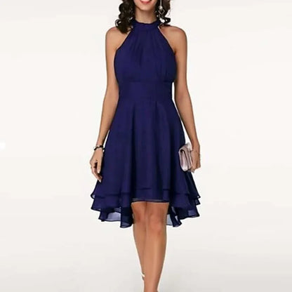Elegant Solid Color, High Waist, Halter Top, Sleeveless Midi Dress with Cropped Layered Chiffon Slimming Dresses - Just The Fly Way
