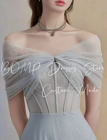 BOMP Elegant Blue Wedding Party Dress Off Shoulder Corset Draped A-Line Floor Length Tulle Special Occasion Evening Gown Custom
