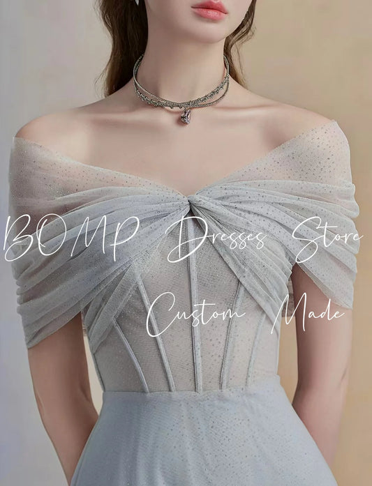 BOMP Elegant Blue Wedding Party Dress Off Shoulder Corset Draped A-Line Floor Length Tulle Special Occasion Evening Gown Custom