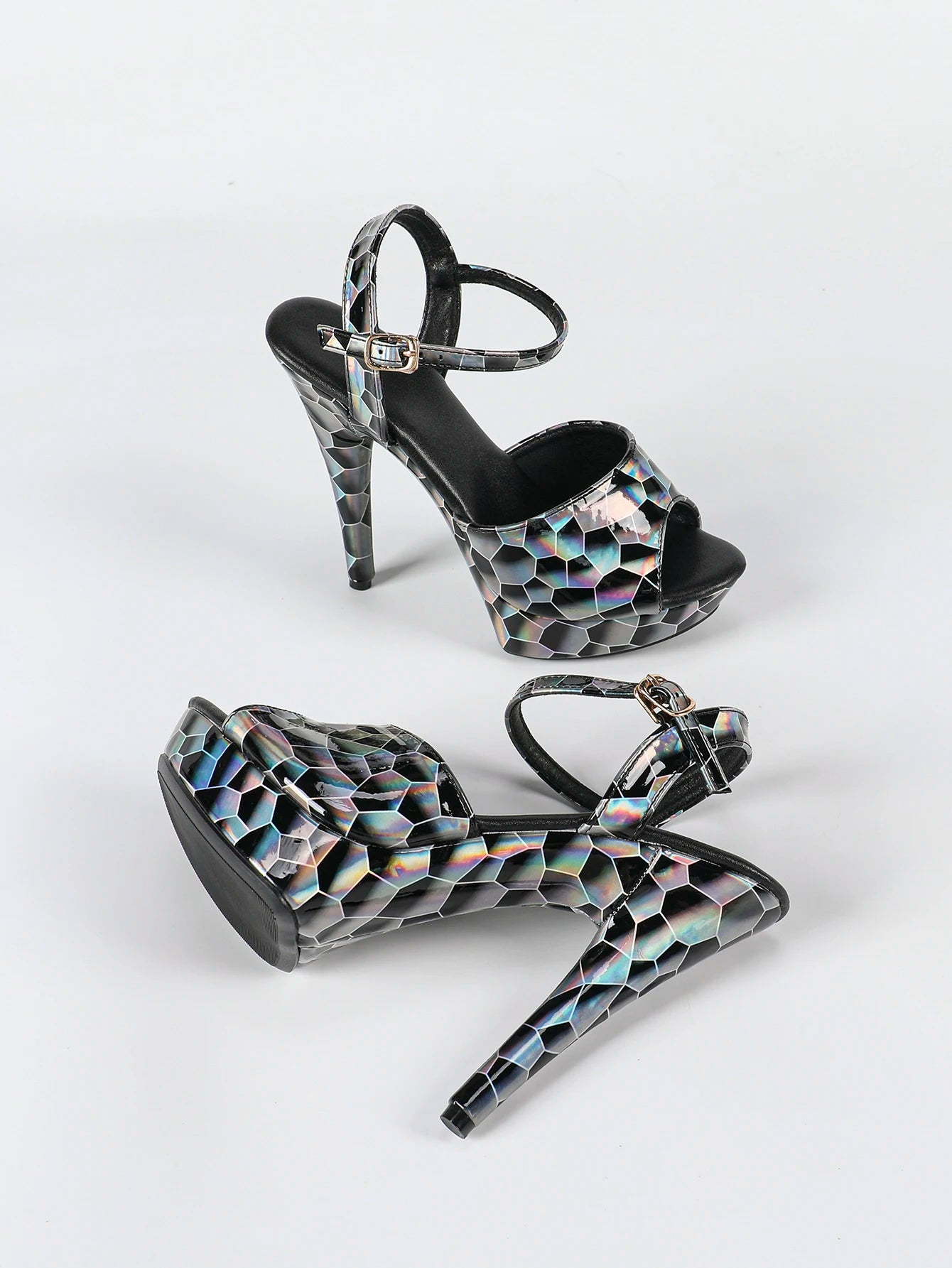 Fashionable, Bold and Beautiful DressHologram Iridescent PU Leather Buckle Strap Sandals For Woman 13CM Stiletto Summer Platform Heels Europe and America Party Shoes