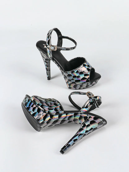 Fashionable, Bold and Beautiful DressHologram Iridescent PU Leather Buckle Strap Sandals For Woman 13CM Stiletto Summer Platform Heels Europe and America Party Shoes