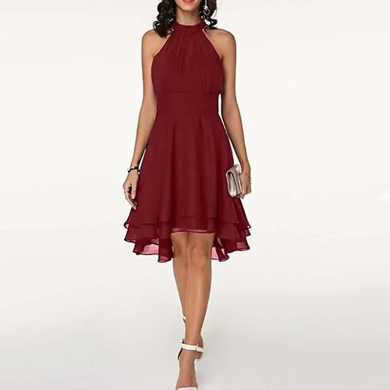 Elegant Solid Color, High Waist, Halter Top, Sleeveless Midi Dress with Cropped Layered Chiffon Slimming Dresses - Just The Fly Way