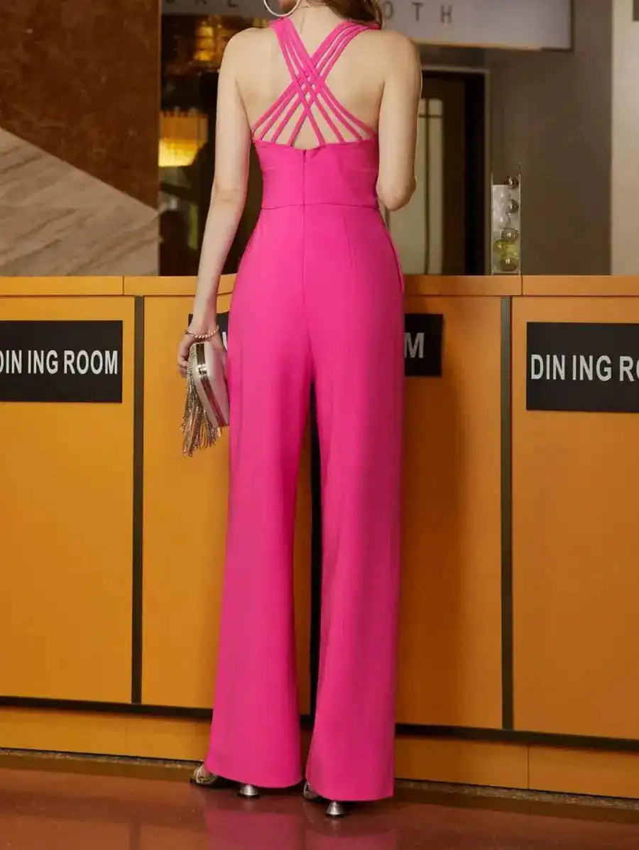 Women's Sleeveless Jumpsuit Solid Color Overall Bodysuit Clothing Office Style V-neck Lace-up Jumpsuits High Waist Belt Pants - Just The Fly Way