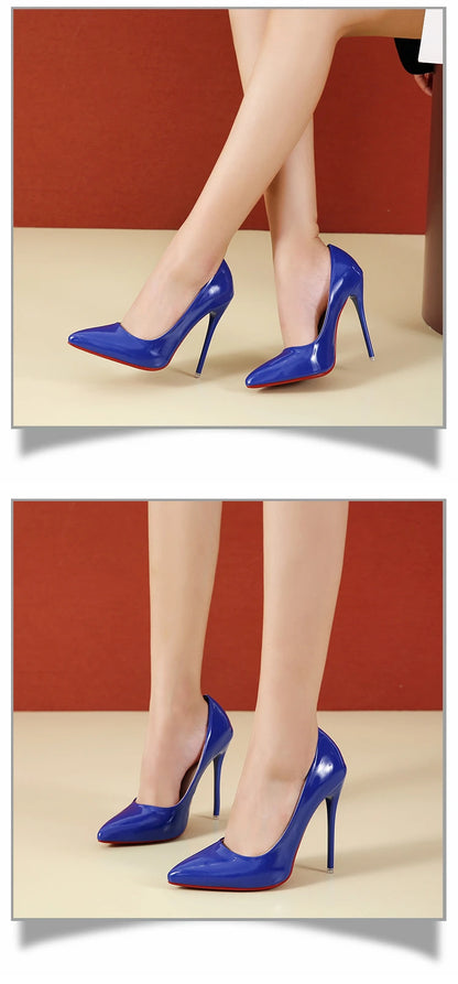 Fashionable, Bold and Beautiful DressTemperament 12cm Super High Thin Heels Shoes Women Pumps Pointed Toe Colorful Patent Leather Stiletto Wedding Shoe Size 45