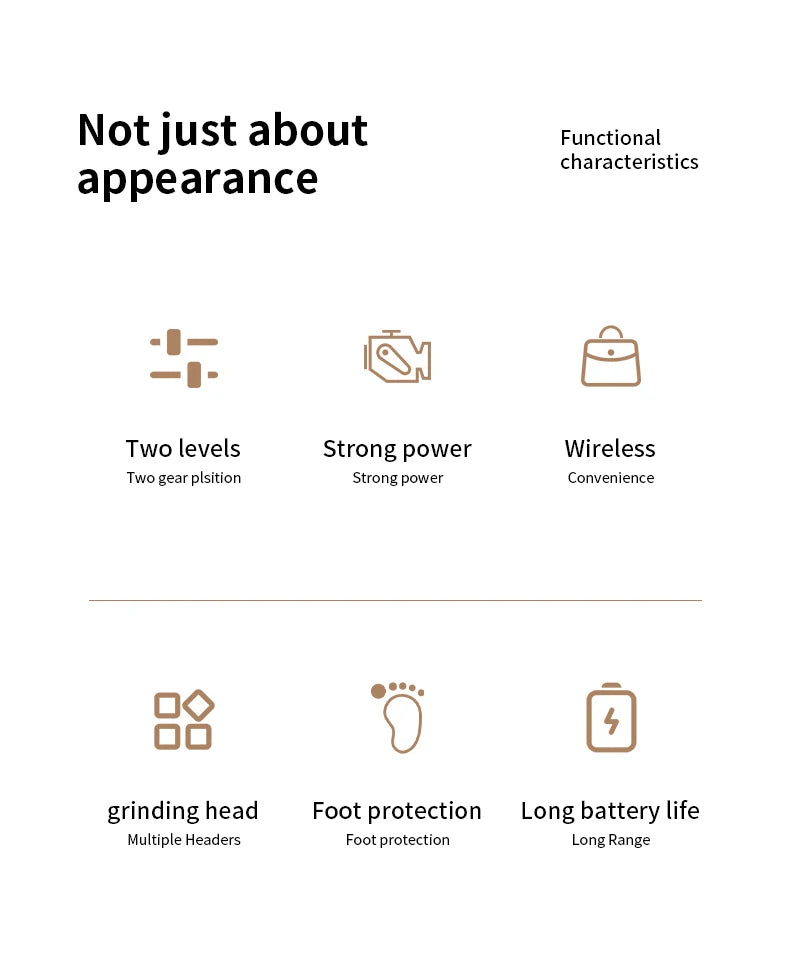 List of functional characteristics with icons and text on a white background