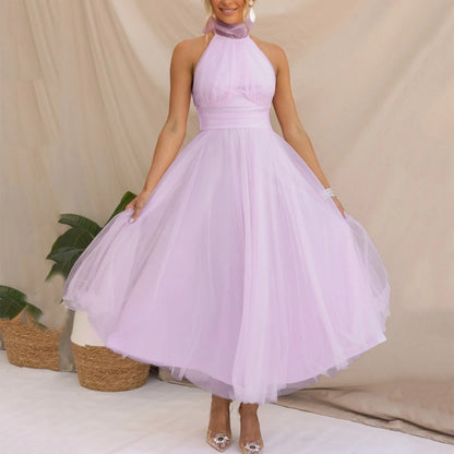 Sexy Halter Holiday Party Dress Women Off Shoulder Mesh Backless Pleated Dress White Vestidos Formal Wedding Gown Long Dress - Just The Fly Way