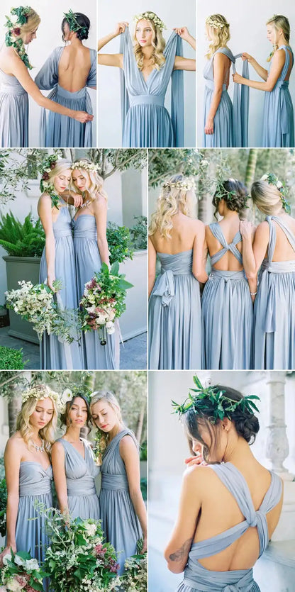 Bridesmaid Dress - Convertible Gown | Floor-Length, Sleeveless in grey-blue styled in halter and crisscross back variations for wedding guests.