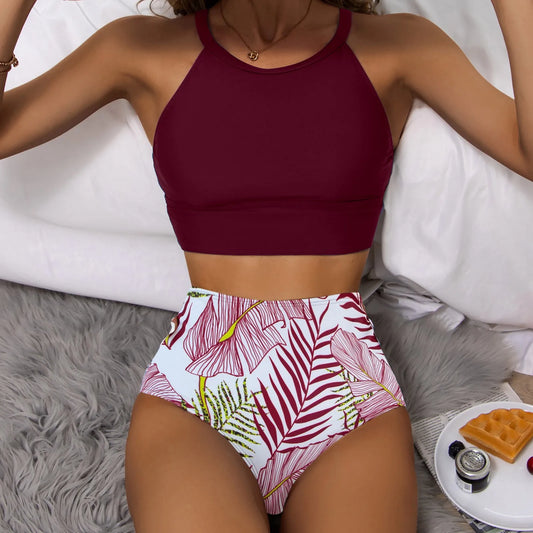 Fashionable, Bold and Beautiful DressWomen'S Tropical Printed Sexy Split Swimsuit Sports Tight Fitting High Waist Bikini Set High Elastic Swimwear Women'S Swimsuit
