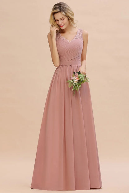 BABYONLINE Elegant Bridesmaid Dress Pleated Bodice See-through Lace Cap Sleeves Maxi Flowy A-Line Skirt Wedding Party Gown Women