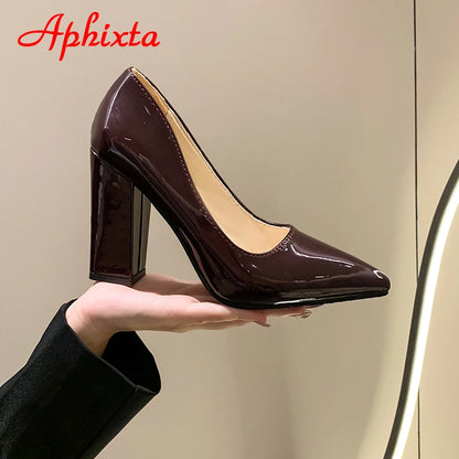 Women's Patent Leather 10cm Square Heel Shoes by Aphixta - Extended Sizes 31-50