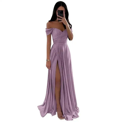 Elegant Women’s Off-the-Shoulder A-Line Evening Gown: Customized Slit Long Pleated Satin Dress