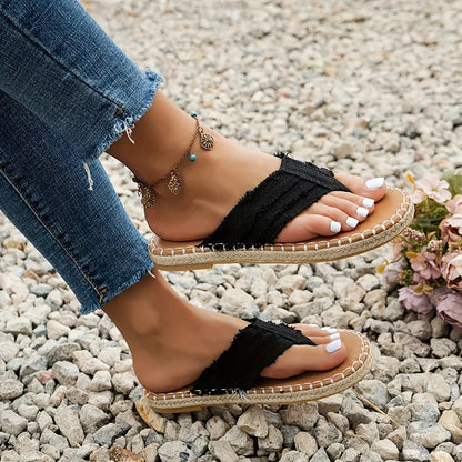 Summer New Style Flip-flops for Women Fashionable Flat-soled Grass Woven Thong Beach Shoes Large Size Sandals For Outer Wear - Just The Fly Way