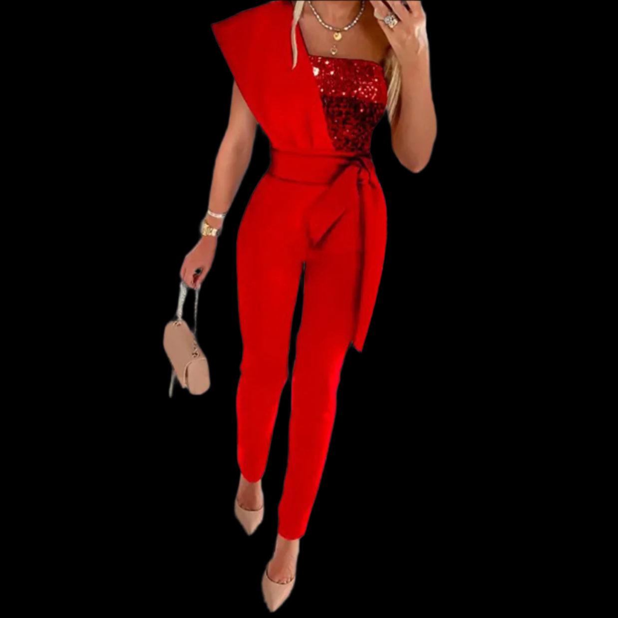 Women's Solid Color Romper, Cut-out Design, Belt Decoration, V-neck Fashion Sequin One-shoulder Bodysuit - Just The Fly Way