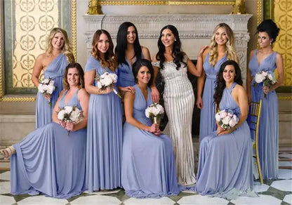 Bridesmaids wearing BABYONLINE Convertible Gown in lavender blue, styled in various halter and sleeveless wrap designs, floor-length and elegant.