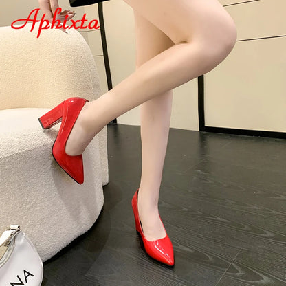 Women's Patent Leather 10cm Square Heel Shoes by Aphixta - Extended Sizes 31-50