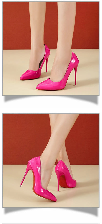 Fashionable, Bold and Beautiful DressTemperament 12cm Super High Thin Heels Shoes Women Pumps Pointed Toe Colorful Patent Leather Stiletto Wedding Shoe Size 45