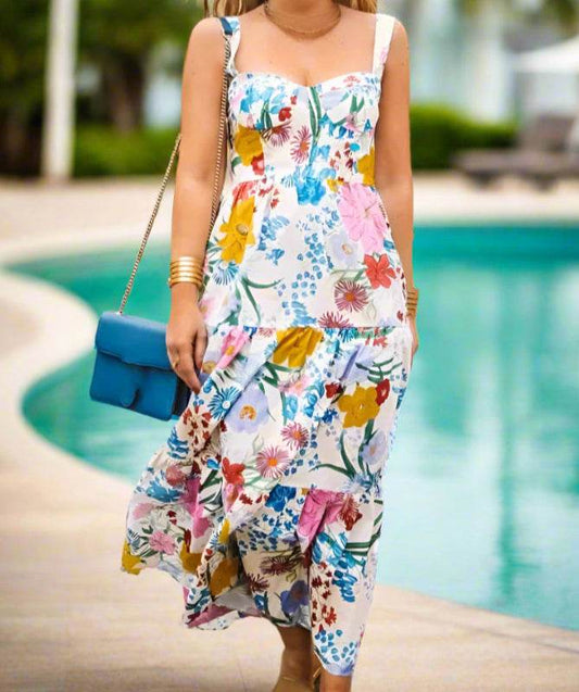 Colorful Printed Dress with a Square Neck Mid Rise and Sleeveless Hidden Zipper - Just The Fly Way