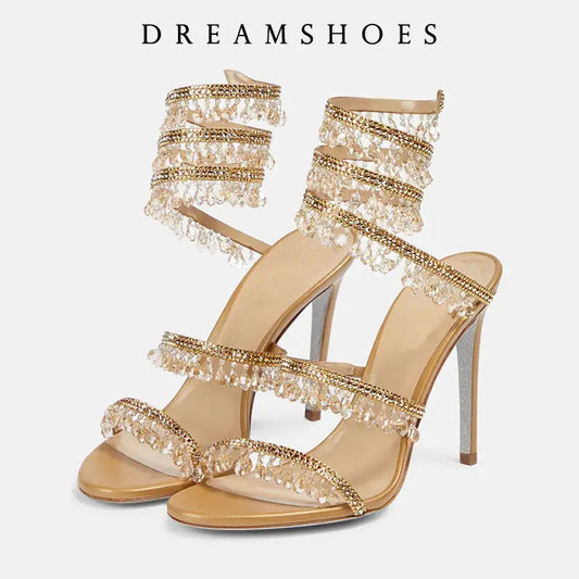 Fashionable, Bold and Beautiful Dress2025 Spring/Summer New Water Diamond Jewel Wrist Wrapped Snake-shaped High Heel Sandals Sexy Large Size Shoe Girl Women Sandals