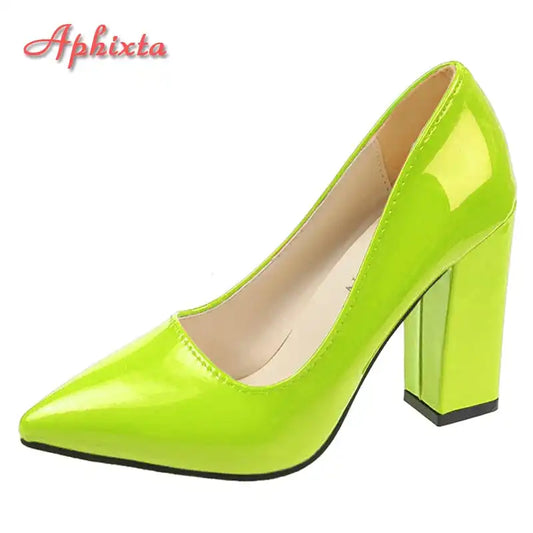 New Women's Patent Leather 10cm Square Heel Shoes by Aphixta - Extended Sizes 31-50