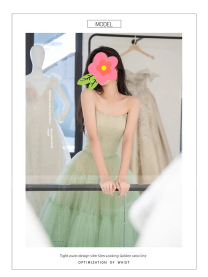 Green Tube Top Mori Style Evening Dress Female Classy Light Luxury Minority Host Birthday Adult Ceremony Princess Dress Light Wedding Dress