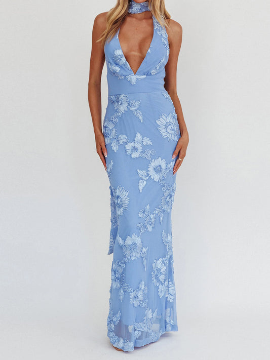 Elegant V-Neck Maxi Dress with Lace Detailing Sleeveless Backless Evening Gown for Formal Events and Weddings - Just The Fly Way