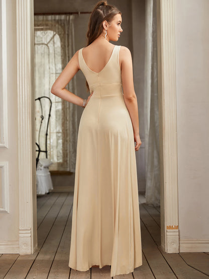 Elegant A-Line Split V-Neck Women's Party Formal Dress Sleeveless Floor Length Birthday Gown
