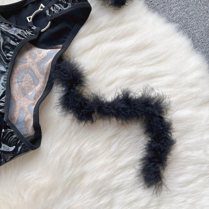 Leopard Print Hollow Out Halter Catsuit Lingerie - Just The Fly Way