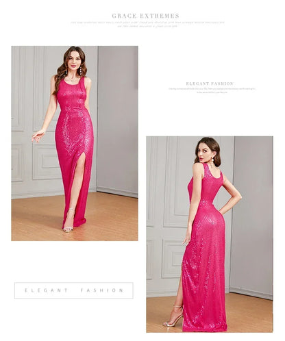 Celebrity Evening Dress Women Sequin Long Prom Dress V Neck Rose Sequin Evening Dress Sexy Party Mermaid Sparkling Maxi Dress - Just The Fly Way