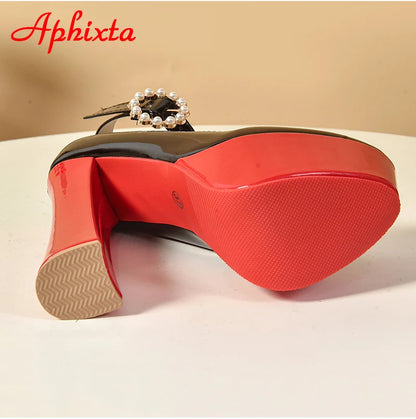 Fashionable, Bold and Beautiful DressAphixta Pearl Buckle Round Toe Pumps 5.5cm Platform Chunky Heels Shoes Black/Red Women's Fashion High Heel