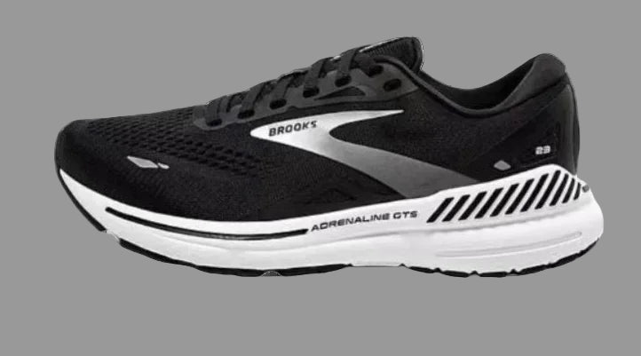 Black and white running shoe with Brooks logo on a white background