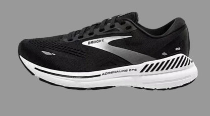 Black and white running shoe with Brooks logo on a white background
