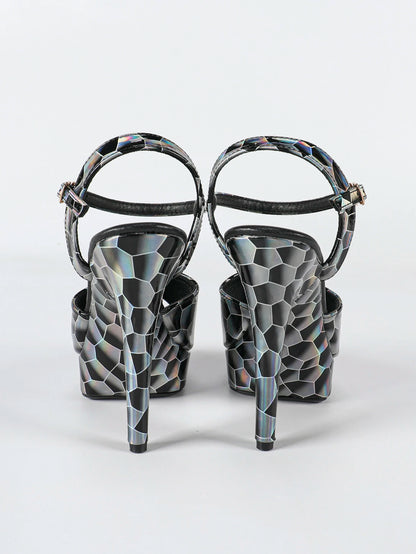 Fashionable, Bold and Beautiful DressHologram Iridescent PU Leather Buckle Strap Sandals For Woman 13CM Stiletto Summer Platform Heels Europe and America Party Shoes