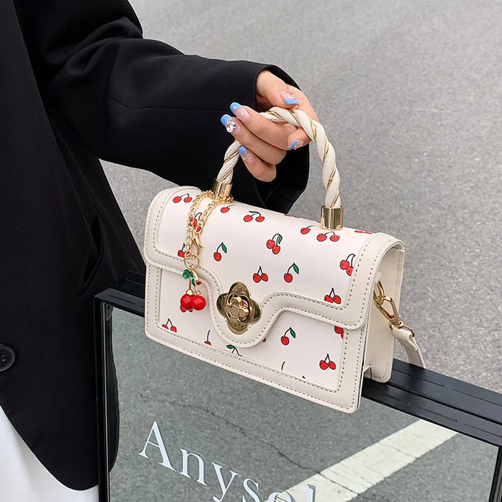 Fashionable, Bold and Beautiful DressStylish Women’s Cherry Square Chain Bag - Versatile PU Leather Crossbody with Sweet Cherry Pattern