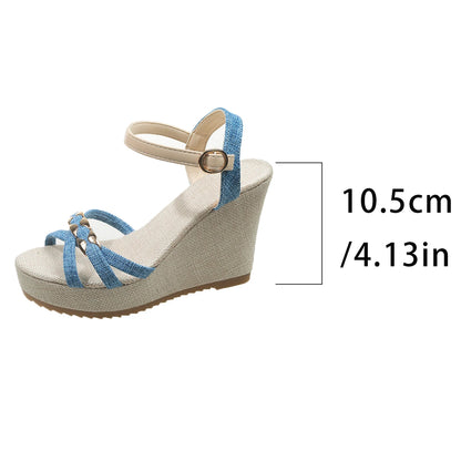 Women's Chunky Platform Wedge Sandals Non Slip Ankle Strap with Metal Cross on Band