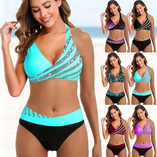 Fashionable, Bold and Beautiful DressWomen's Swimwear Summer Fashion High Quality Beach Vacation Two Piece Swimsuit Three Slash Printed Sexy Swimwear S-5XL