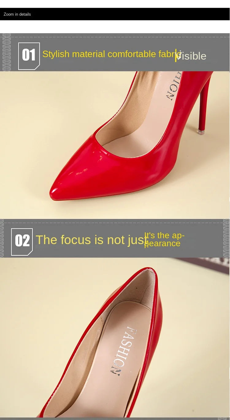 Fashionable, Bold and Beautiful DressTemperament 12cm Super High Thin Heels Shoes Women Pumps Pointed Toe Colorful Patent Leather Stiletto Wedding Shoe Size 45