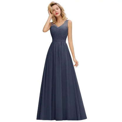 BABYONLINE Elegant Bridesmaid Dress Pleated Bodice See-through Lace Cap Sleeves Maxi Flowy A-Line Skirt Wedding Party Gown Women