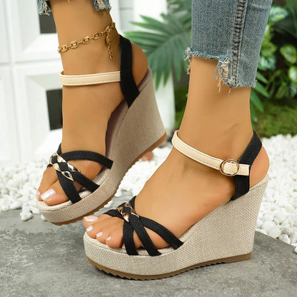 Women's Chunky Platform Wedge Sandals Non Slip Ankle Strap with Metal Cross on Band